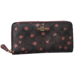 Coach Star Print Zip Wallet Brown Pink Monogram Leather Clutch Purse Authentic